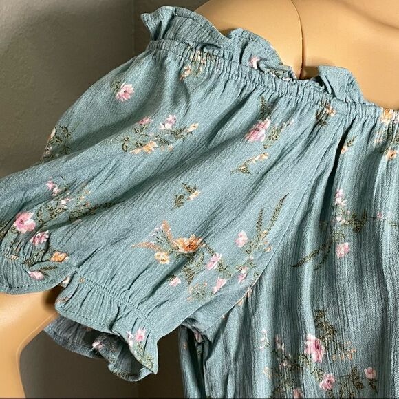 NWT Pink Rose Turquoise Floral On or Off Shoulder Croptop Blouse Size Large - Picture 6 of 12